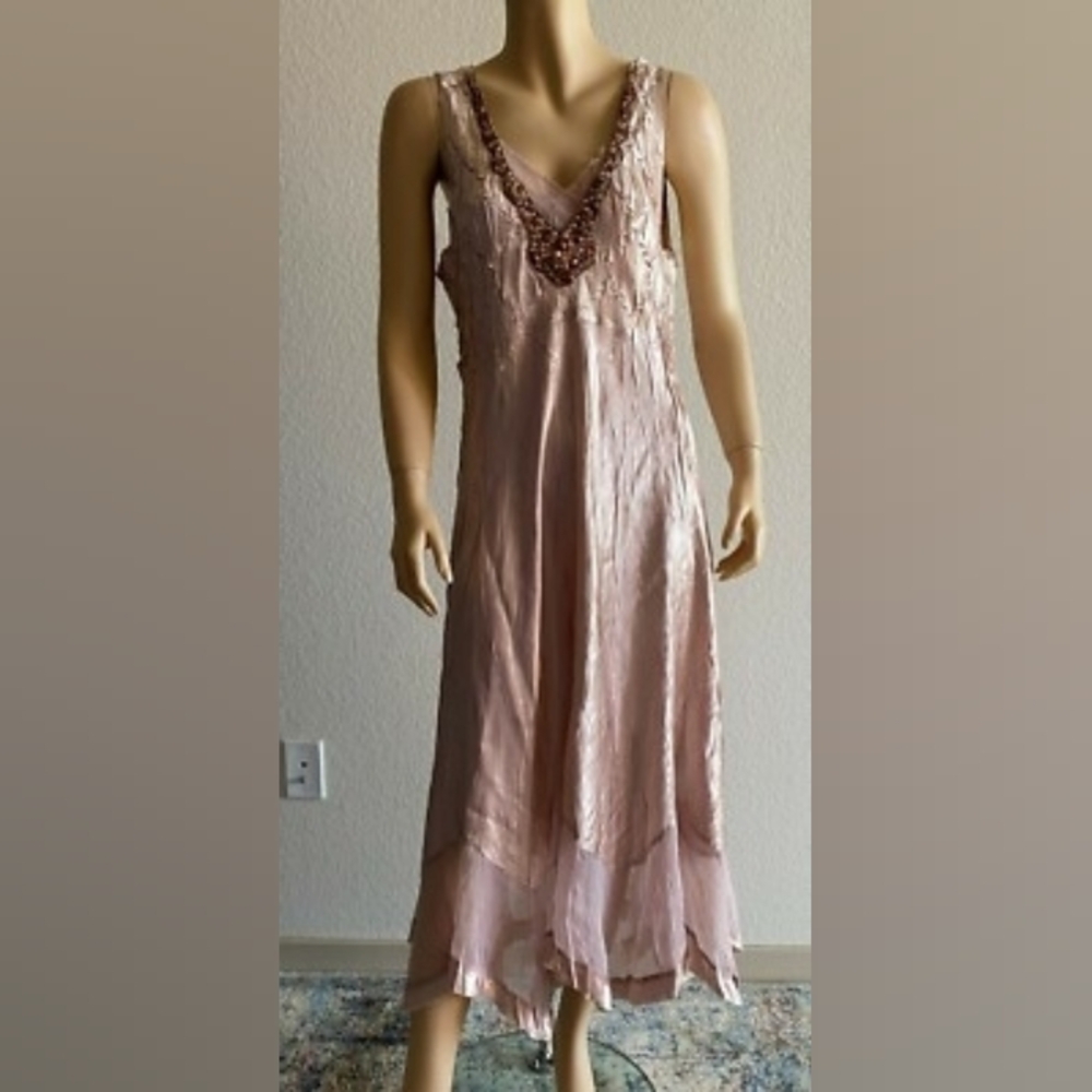 Komarov Beaded Detail, Pleaded Satin/Chiffon Dress,Vintage Rose, Large, Midi